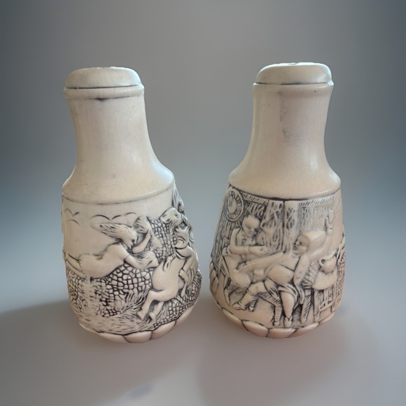 Vintage German-Style Salt Pepper Shakers Witch Rider Folklore EB Marked Pair